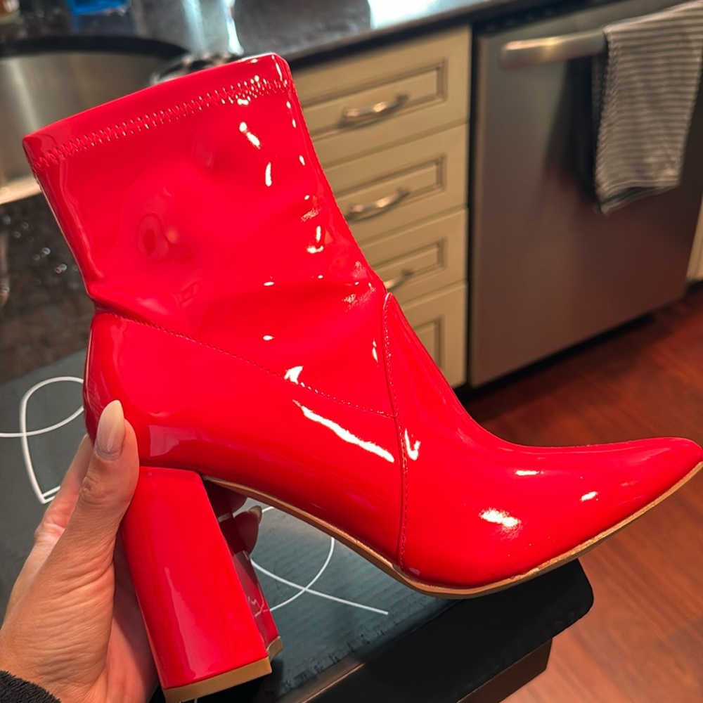 Worn Once- Mid Calf Block Heel Ankle Boots Patent Leather Side Zipper Booties